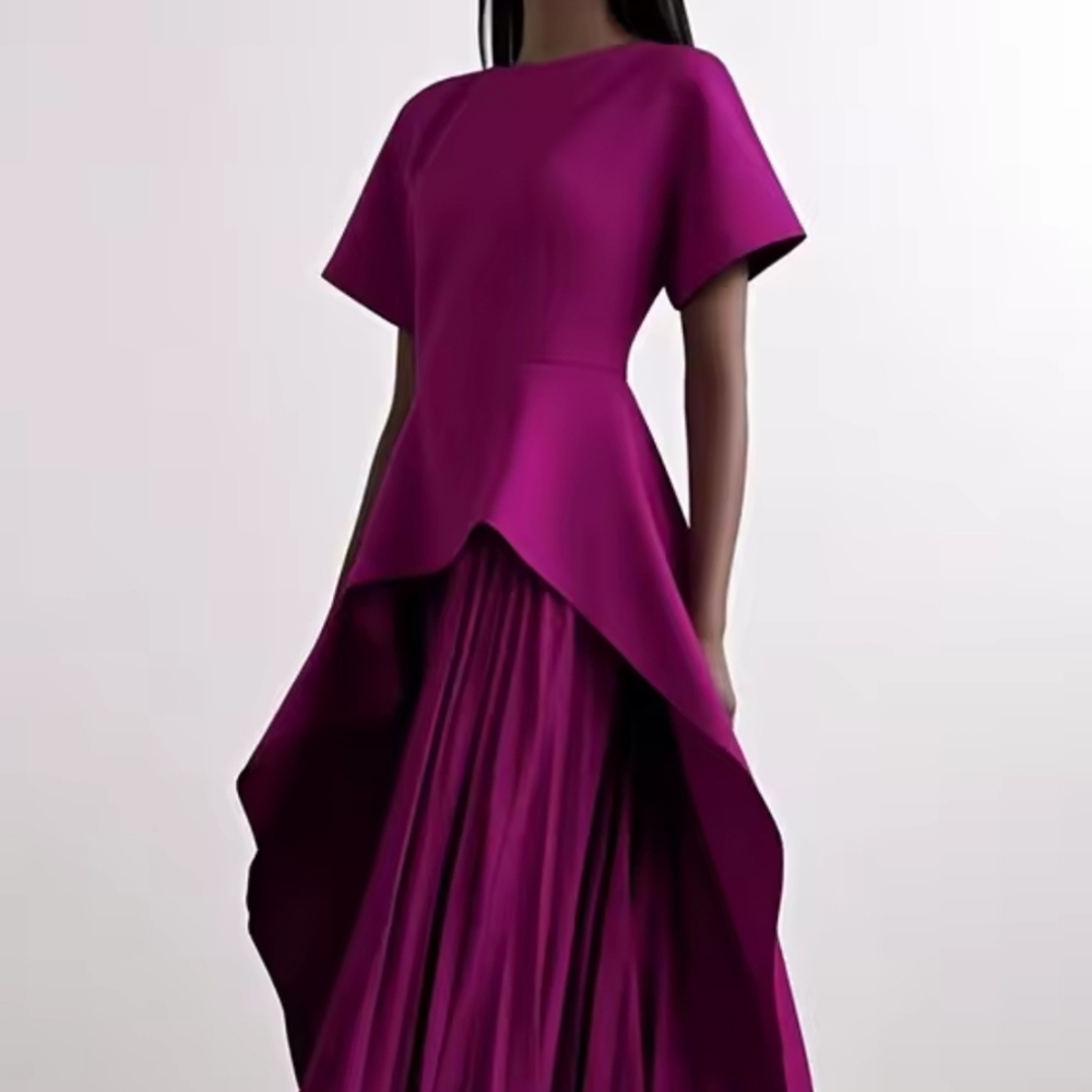 Women Vintage Solid Color Wedding BanquetMaxi Dresses 2025 Summer Short Sleeves - Picture 3 of 5